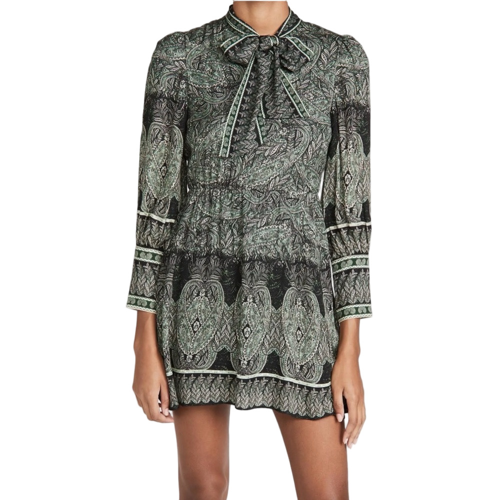 Alice + Olivia Tanisha Paisley Floral Long Sleeve Neck Ties Green Pattern Dress